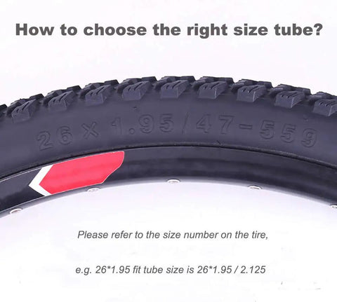 Close-up of a bike tire showing a tire size indicator for Two Pack 26 Inch Bike Inner Tubes With Presta Valve 48mm Durable Butyl Rubber Replacement Tubes Includes Two Tire Strips And Two Tire Levers For 26x1.9 1.95 2.0 2.125 Tires Ready To Roll.