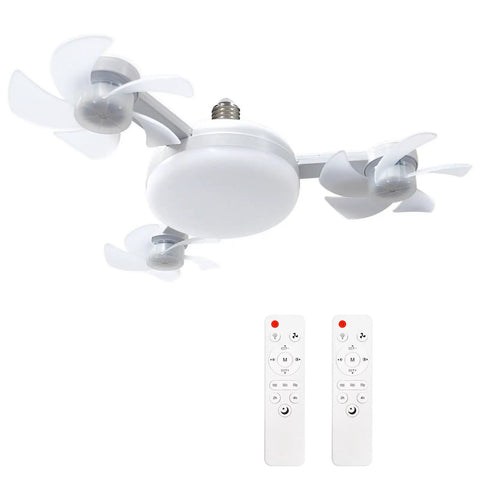 Socket Fan Light With Remote And Dimmable Led Screw In Ceiling Fan with four blades and two remote controls for easy operation.