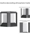 Close-up of outdoor post lights for deck fence and yard with hard-wired 120V 20W 3000K LED pillar lights, aluminum and PC diffuser