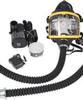 Electric Constant Flow Supplied Air Full Face Gas Mask Respirator System With Portable Power shown with hoses and power unit.