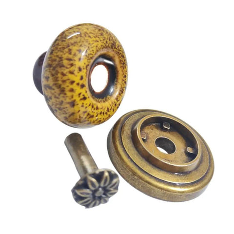 Super Cool Yellow Leopard Ceramic Cabinet Knobs 5 Pack Groovy Petal Cupboard Pulls With Rustic Zinc Backplate Smart Diy Install For Kitchen Drawers Wardrobe Door Decor Vibe, showing yellow ceramic knob and zinc backplate.