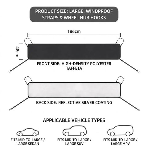 Heavy Duty Windshield Cover For Tesla Cybertruck 2024 Plus All Season Sun Shade And Debris Guard Weatherproof Shield, large size, polyester taffeta with hooks.