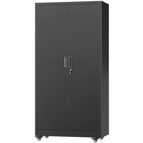 Beefy Heavy Duty Steel Rolling Storage Cabinet On Wheels With Locking Doors 73 Inch Tall Black Tool Cabinet For Garage Basement Home Or Warehouse Durable Shelves And Easy Mobility