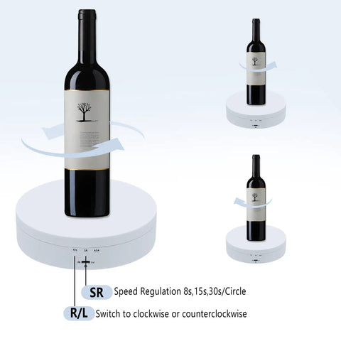 Mcbazel 5.4 Inch Motorized Rotating Display Stand With 360 Degree Electric Turntable featuring a wine bottle and speed control.