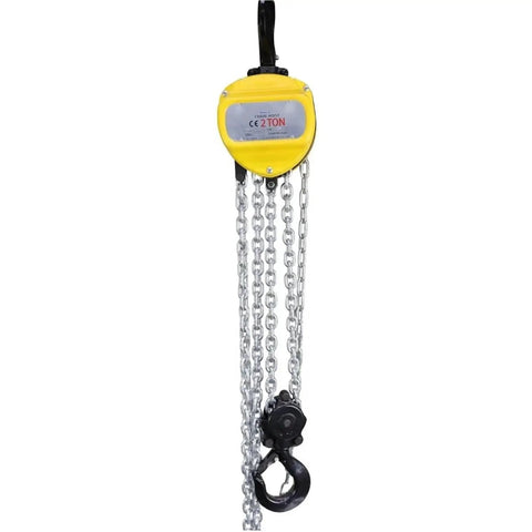 Straight Up Heavy Duty Manual Chain Hoist With 20 Ton Capacity Industrial Rigging Kit featuring a yellow pulley block and robust lifting chain.