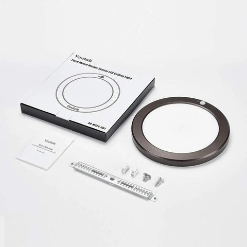 Motion Sensor LED Ceiling Light With Adjustable 30s 180s Timeout, 1500 Lumens, 15W, Round Bronze Fixture and packaging displayed