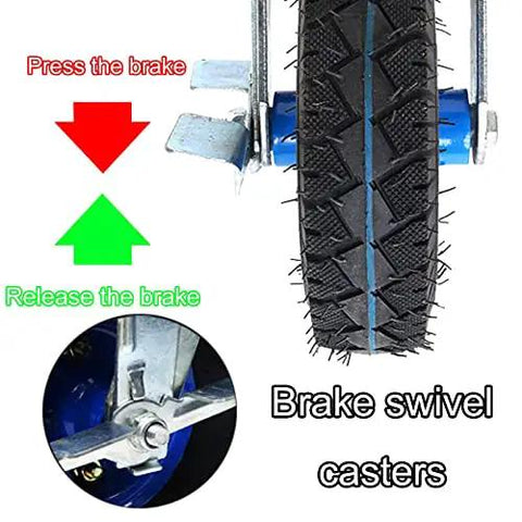 Heavy Duty Swivel Casters Pack Of 2 With Secure Brakes And Mounting Plates Featuring Kick Ass 200Kg Load Per Wheel Plus Badass Pneumatic Tires For Flatbed Carts Workbenches And Diy Projects showing brake mechanism and tire detail.