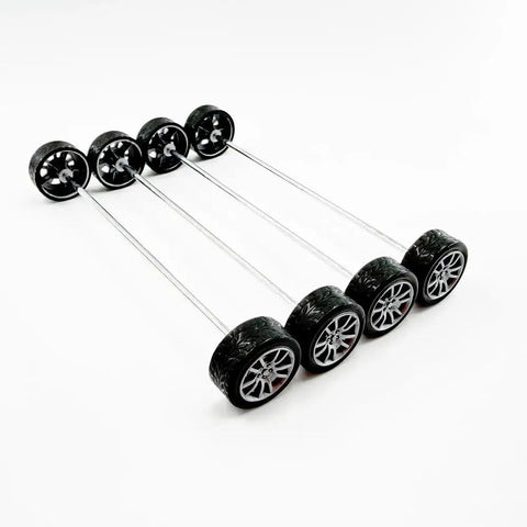 RC Car Wheel Set 30 Small Rubber Wheels With 15 Round Shafts Axles displayed in a row, silver 2x16mm durable wheels