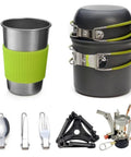 Camping Cookware Set For 1 To 2 People, Aluminum Outdoor Cooking Kit showing pots, cup with sleeve, foldable utensils, and stove