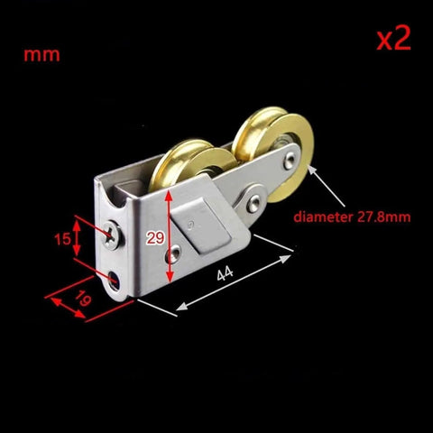Heavy Duty Stainless Steel Sliding Door Rollers Featuring Double Wheel Pulleys For Bathroom Cabinets And Glass Panels Slick Smooth Glide Hardware No Sweat Setup Quick Fit Kit 2 Pieces dimensions shown with dual wheel design.