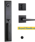 Double Door Lockset With Keyed Entry Handleset And Inactive Dummy Handleset in oil rubbed bronze finish; modern exterior security