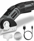 Lightweight Cordless Electric Scissors With Safety Lock For Easy Cutting Cardboard Fabric Leather Rope Plastic Carpet Perfect For Home DIY Craft Projects And General Household Tasks With Fast Usb Charging And Dual Blades Included For Efficient Workflow with USB charging cable and blades.