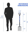Heavy Duty Garden Fork With Fiberglass Handle 43 Inches Long 4 Tines next to human silhouette for size reference.