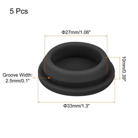 Heavy Duty Black Silicone Snap In Locking Hole Plugs 5 Pack With A Smooth Groove Fit, 33mm and 27mm sizes for sealing.