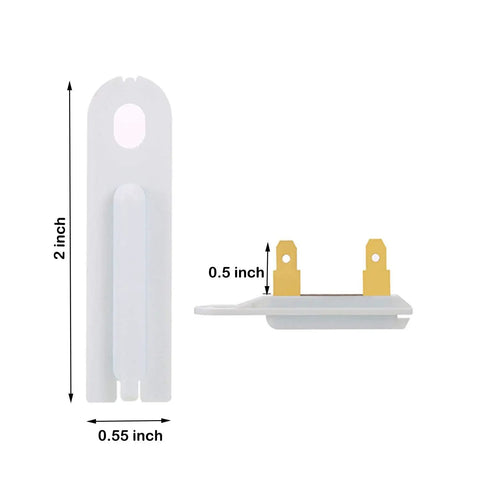 Two Pack 3392519 Dryer Thermal Fuse Replacement Part For Most Dryers, dimensions shown, vertical and side view, for Whirlpool