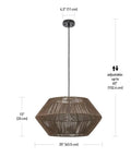 Malay 1-Light Pendant Light With Natural Twine Shade And Black Hanging Cord, front view showing dimensions and adjustable height.