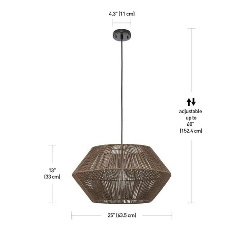 Malay 1-Light Pendant Light With Natural Twine Shade And Black Hanging Cord, front view showing dimensions and adjustable height.