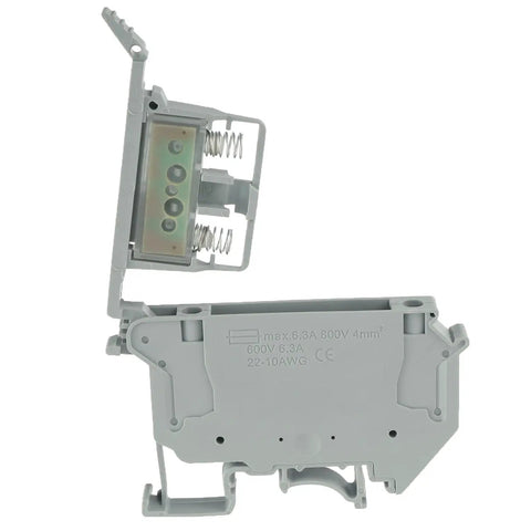 Side view of LED Indication Fuse Holder Terminal Block For DIN Rail 24V DC Screw Clamp With Universal Mounting Feet 6 Pack Grey