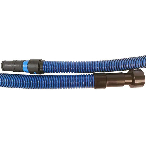 Close-up of blue 30 Ft Antistatic Vacuum Hose With Expanded Multi Brand Power Tool Adapter Set For Shop Vacs grounded conical hose
