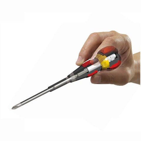 Person using Ball Grip Ratchet Screwdriver Set 5 Piece With 36 Tooth Gear For Smooth Fine Turn Screw Driving CrV Alloy Steel Shanks