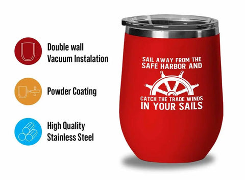 Red Edition 12Oz Wine Tumbler Insulated Stainless Steel For Sailors Ocean Lovers And Nautical Fans with ship wheel design