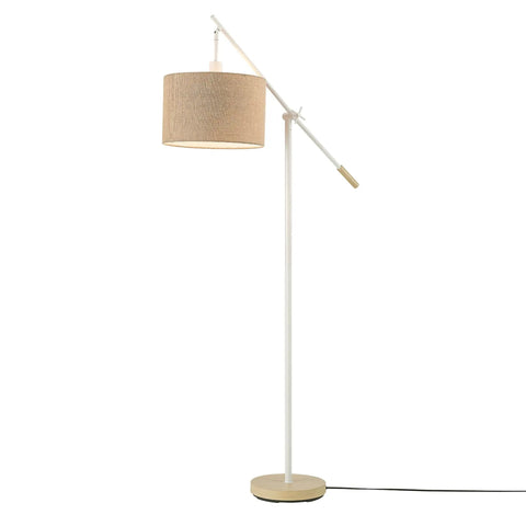 Serena 66 Inch Floor Lamp With Matte White Finish Faux Wood Accents And Natural Jute Shade Adjustable Arm Dimmable Rotary Socket Japandi Style