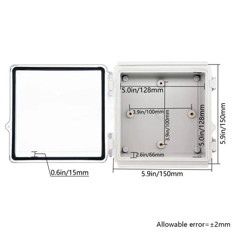 Inside view of Built Tough IP67 Waterproof Junction Box With Hinged Clear Cover And Stainless Steel Latch showing dimensions.