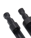 Top Shelf 4 Piece Wood Plug Cutter Drill Bit Set With Quarter Inch Hex Shank For Quarter Half Three Eighth Five Eighths Inch Plugs, close-up of 1/4 and 3/8 hex shank drill bits.
