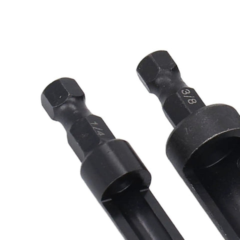 Top Shelf 4 Piece Wood Plug Cutter Drill Bit Set With Quarter Inch Hex Shank For Quarter Half Three Eighth Five Eighths Inch Plugs, close-up of 1/4 and 3/8 hex shank drill bits.