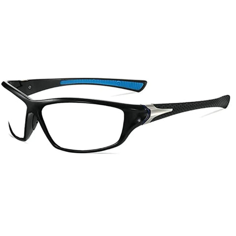 Full Lens Readers Wrap Around Sport Magnifying Safety Glasses With Photochromic Lenses For Men Black Blue Frame 1.5 Diopter UV Adaptive Goggles