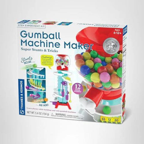 Front view of Thames and Kosmos Gumball Machine Maker toy box, Amazon brand, with colorful gumballs.