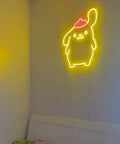 Pom Purin Neon Sign LED Light 3D Wall Art Cute Cartoon Dog Lamp Decor in lemon yellow and pink on bedroom wall