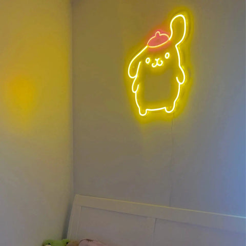 Pom Purin Neon Sign LED Light 3D Wall Art Cute Cartoon Dog Lamp Decor in lemon yellow and pink on bedroom wall