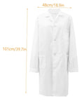Front view of Long Sleeve White Lab Coat For Men Breathable Skin Friendly Lab Jacket For Students And Laboratory Work Comfortable All Season Uniform A True Workhorse Medical Style Coat XXL with measurements