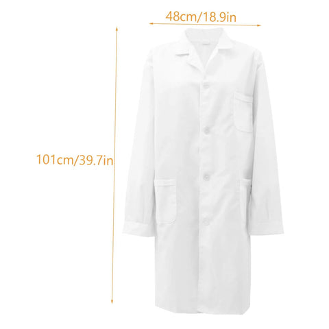Front view of Long Sleeve White Lab Coat For Men Breathable Skin Friendly Lab Jacket For Students And Laboratory Work Comfortable All Season Uniform A True Workhorse Medical Style Coat XXL with measurements