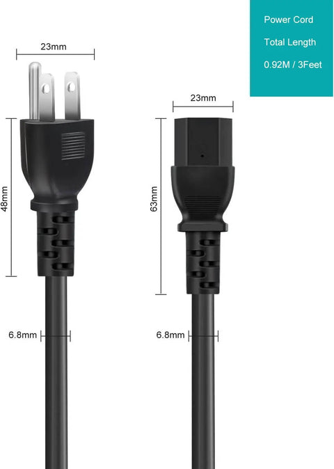 Ender CR Sermoon Series 3D Printer Power Cord 18AWG 3 Prong AC Cable Universal Replacement 3 Feet Long with plug and socket detail