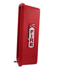 Rugged Outdoor Fire Extinguisher Cabinet Lock Box Red Weatherproof Steel Holder displaying fire safety messaging for outdoor use.