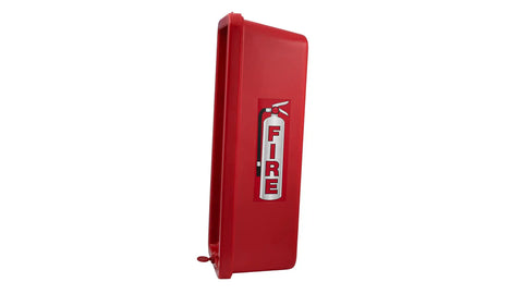 Rugged Outdoor Fire Extinguisher Cabinet Lock Box Red Weatherproof Steel Holder displaying fire safety messaging for outdoor use.