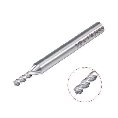 Side view of uxcell 1/8 in cutting HSS-AL spiral drill bit, 4-flute, 1/4 in shank