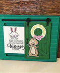 Greeting card with green door background, featuring a rabbit and bear, Door Background Clear Stamp And Die Set For Scrapbooking And Card Making.