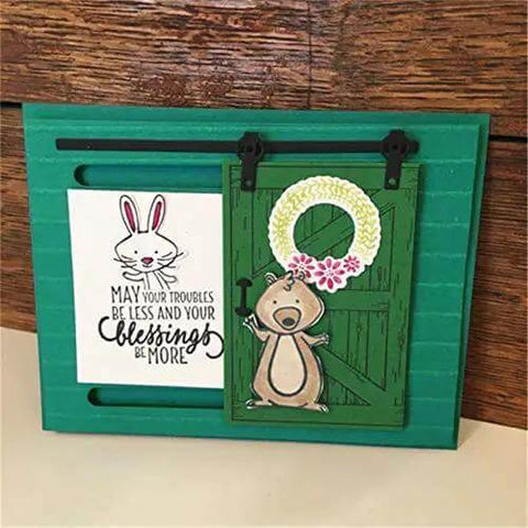 Greeting card with green door background, featuring a rabbit and bear, Door Background Clear Stamp And Die Set For Scrapbooking And Card Making.