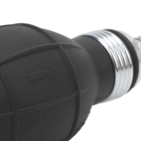 Manual Siphon Pump For Gasoline And Oil Transfer Hand Operated Fuel Extractor With 10mm Hose No Spill Easy Liquid Transfer Tool For Hydraulic Equipment Marine And RV Use close-up of black pump end with threaded connector