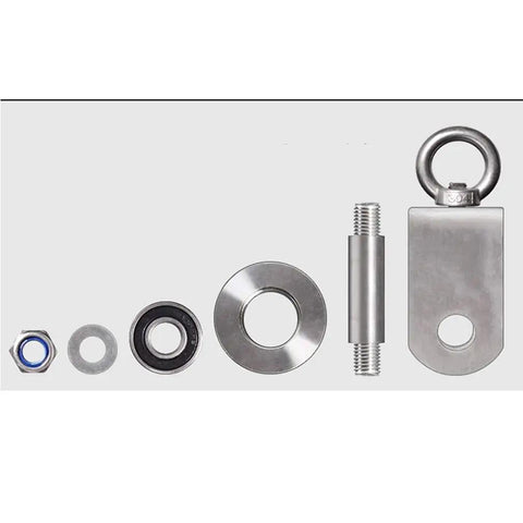 Two Pack Heavy Duty H Groove Caster Wheels Built Like A Tank Featuring 304 Stainless Steel Directional Rollers And Dead Quiet 360 Spin Smooth Glide For Sliding Doors And Wire Rope Tracks components including washers and screws.