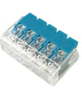 Straight Shooting 5 Pin Quick Connect Wire Connector With Solid Grip Lever Action Push In Design For Heavy Duty Electrical Wiring Repairs 32 Amp Compact Terminal Block 10 Pack, clear housing with blue lever tops.