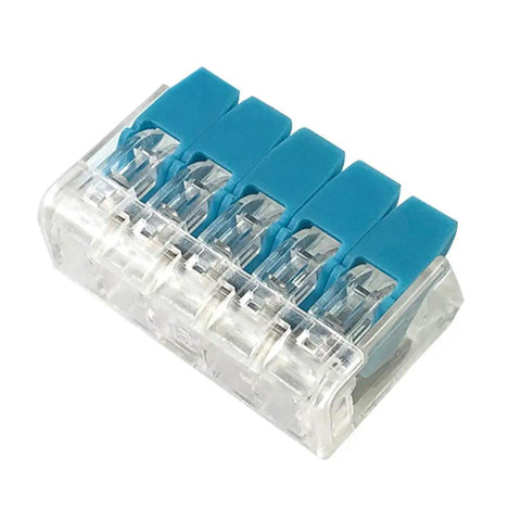 Straight Shooting 5 Pin Quick Connect Wire Connector With Solid Grip Lever Action Push In Design For Heavy Duty Electrical Wiring Repairs 32 Amp Compact Terminal Block 10 Pack, clear housing with blue lever tops.