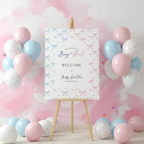 Pastel Pink and Blue Gender Reveal Balloons Set 60 Pack 12 Inch Includes 20 Pink 20 Blue 10 Pink Bow Print 10 Blue Bow Print Balloons Plus Ribbon for Easy Decorating Perfect for Baby Shower or Boy or Girl Reveal displayed beside a welcome sign on an easel at a gender reveal party.