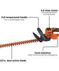 22 Inch Electric Hedge Trimmer with Dual Action Blades and Full Wraparound Handle, 4 Amp Corded Power for Quick Smooth Trim