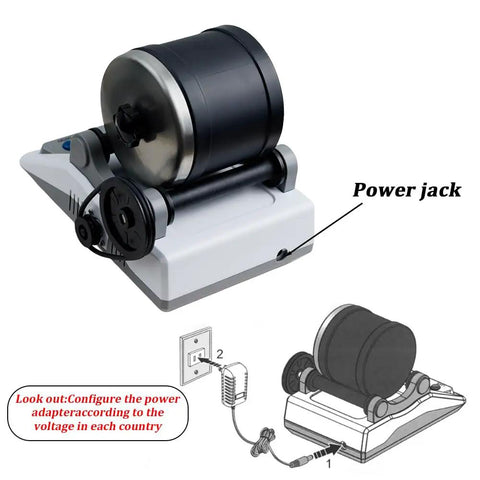 Image showing the power jack and setup of Pro Grade Rock Tumbler Kit Electric Gemstone Stone Polisher For DIY Projects