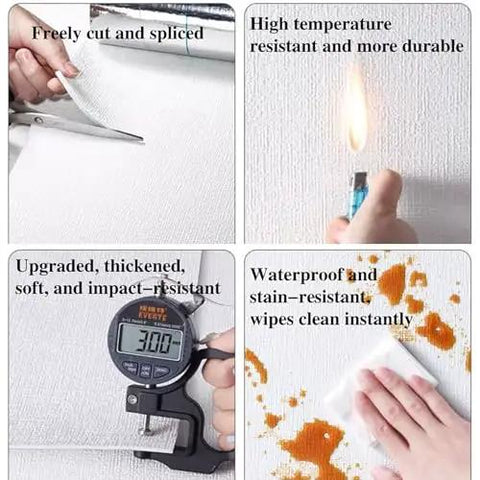 Smooth Operator Peel And Stick Wallpaper Roll Featuring 3D Linen Texture thermal insulated waterproof self adhesive wall covering showing cutting test and cleaning features.