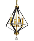 4 Light Lantern Chandelier In Black And Gold With A Dope Mid Century Geometric Square Cage Pendant Light, frontal view.